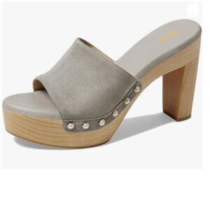 miss left Grey Platform Chunky High Heel Mules Open Toe Studded Slide Sandal